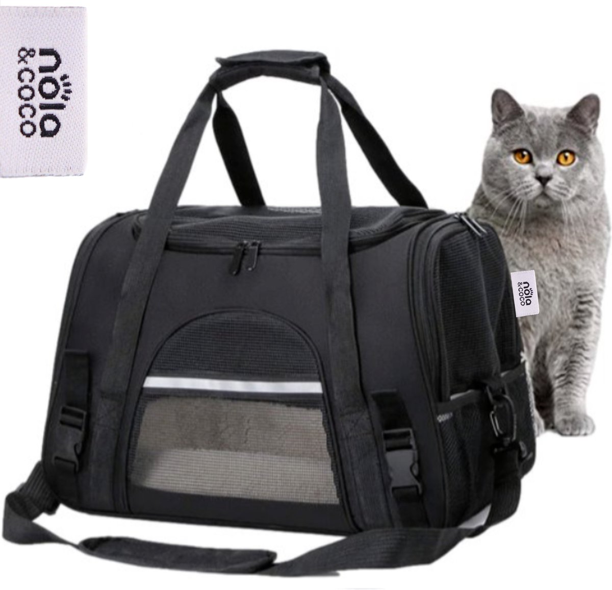 Nola & Coco Reistas voor Katten, Honden en Knaagdieren - Max 8 KG - 43 x 25 x 28 cm - Huisdieren Reistas - Small - Zwart