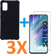 Anti-Shock silicone hoesje zwart met 3 Pack Tempered glas Screen Protector Geschikt voor:  Samsung Galaxy S21 FE