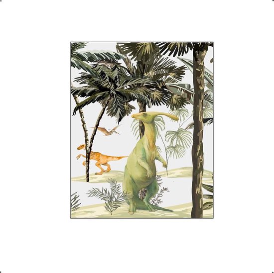 PosterDump - Poster Dinosaurus raptor in jungle links aquarel / waterkleur links - Dino Jungle Poster - Kinderkamer / Babykamer - 30x21cm / A4