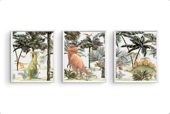 Postercity - Poster Set 3 Dinosaurus t-rex triceratops stegosaurus in de jungle aquarel / waterkleur - Dino Jungle Poster - Kinderkamer / Babykamer - 50x40cm