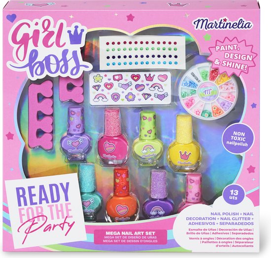 Martinelia Supergirl Mega Nail Art Set - kinder make up neon nagellak - 13 delige extra grote nagel deco set 25 x 25 cm - 8 kleuren - schmink- en verkleed accessoire