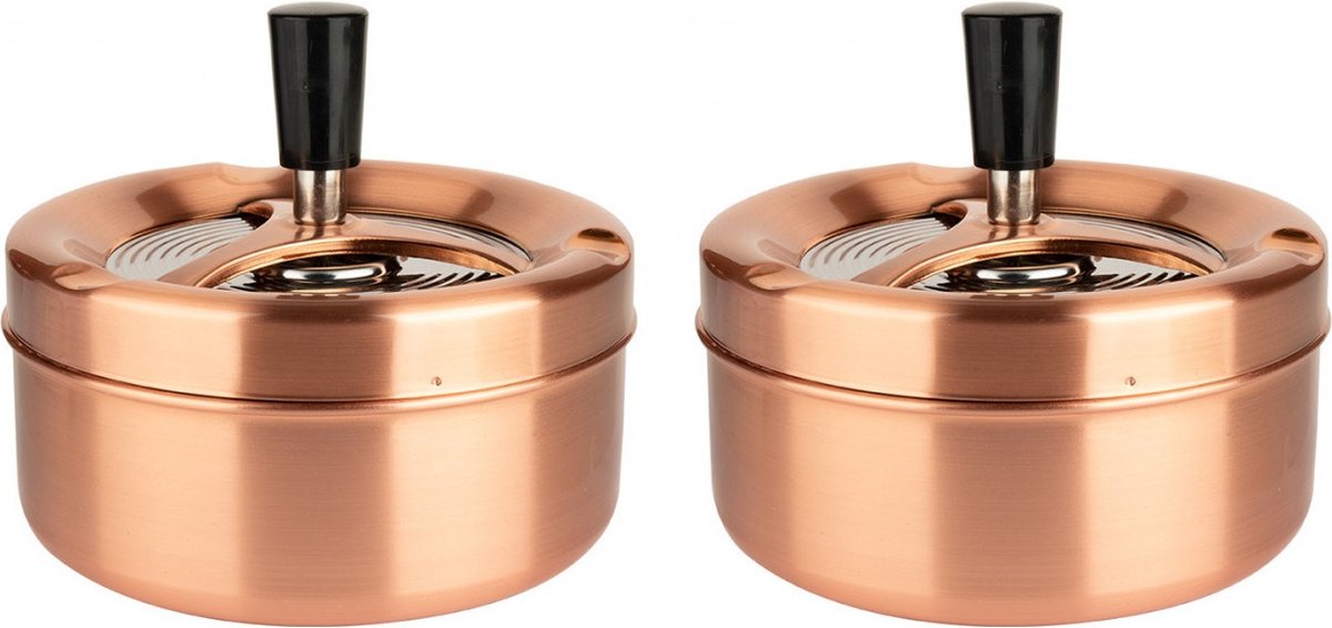 Draaiasbak - 2x stuks - rose goud - 13 cm - rond - drukasbak - draai asbak - stormasbak - Terrasasbak