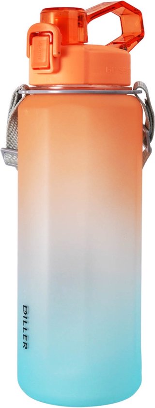 Diller waterfles met rietje - 2 liter - grote waterfles - Bottle - Motivatie waterfles met tijdmarkeringen - sportfles - oranje/turquoise