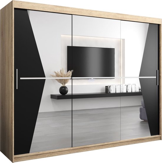 Kledingkast met 3 schuifdeuren in Sonoma eiken en zwart mat. De deuren zijn gedeeltelijk spiegelend en hebben een modern geometrisch design.
