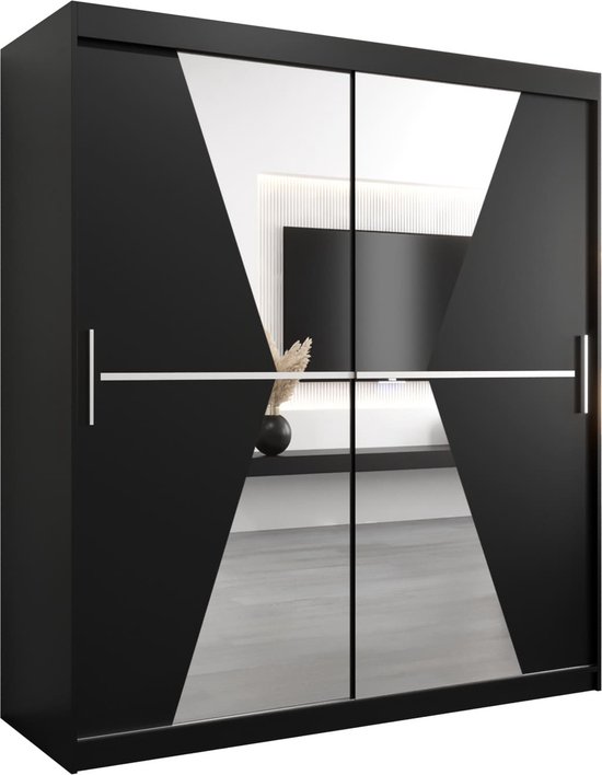 InspireMe - Kledingkast met 2 schuifdeuren, Modern-stijl, Een kledingkast met planken en een spiegel (BxHxD): 180x200x62 - TOTO 180 Zwart Mat