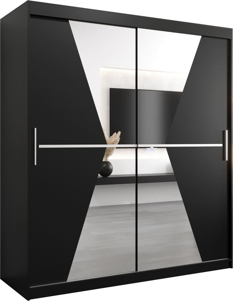 InspireME Kledingkast met 2 schuifdeuren, Modern-stijl, Een kledingkast met planken en een spiegel (BxHxD): 180x200x62 - TOTO 180 Zwart Mat