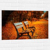 WallClassics - Muursticker - Bankjes tijdens Herfst in het Park - 90x60 cm Foto op Muursticker