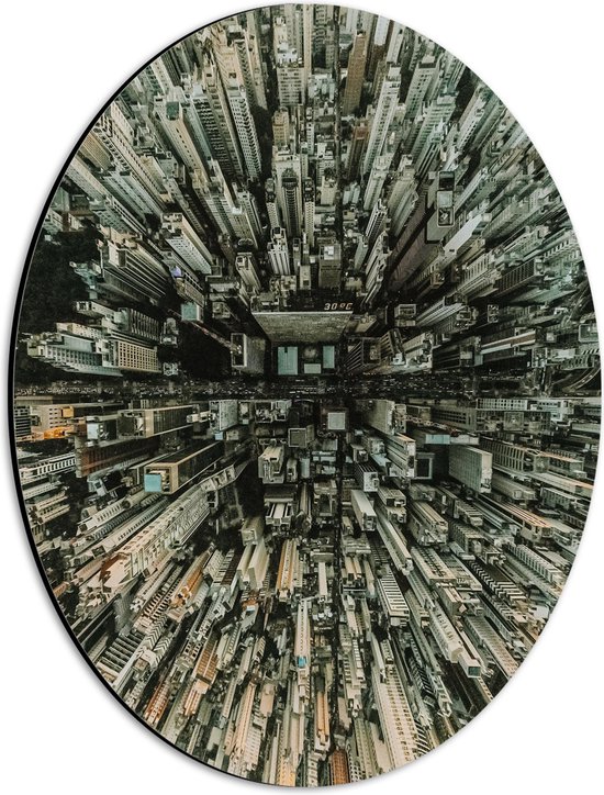 WallClassics - Dibond Ovaal - Bovenaanzicht van Grote Drukke Stad - 30x40 cm Foto op Ovaal (Met Ophangsysteem)