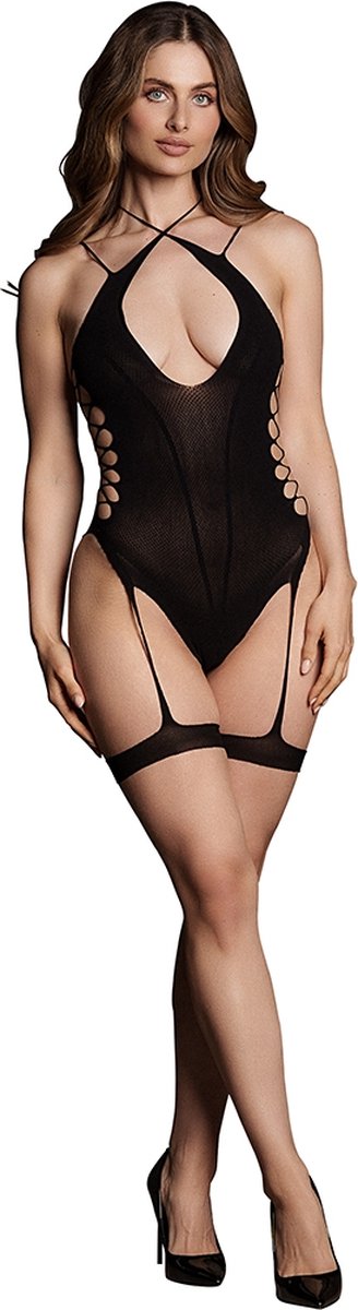 Shots - Le Désir SHA001BLKOS - Metis XVI - Body with Garters Crossed Neckline - Black - OS One Size