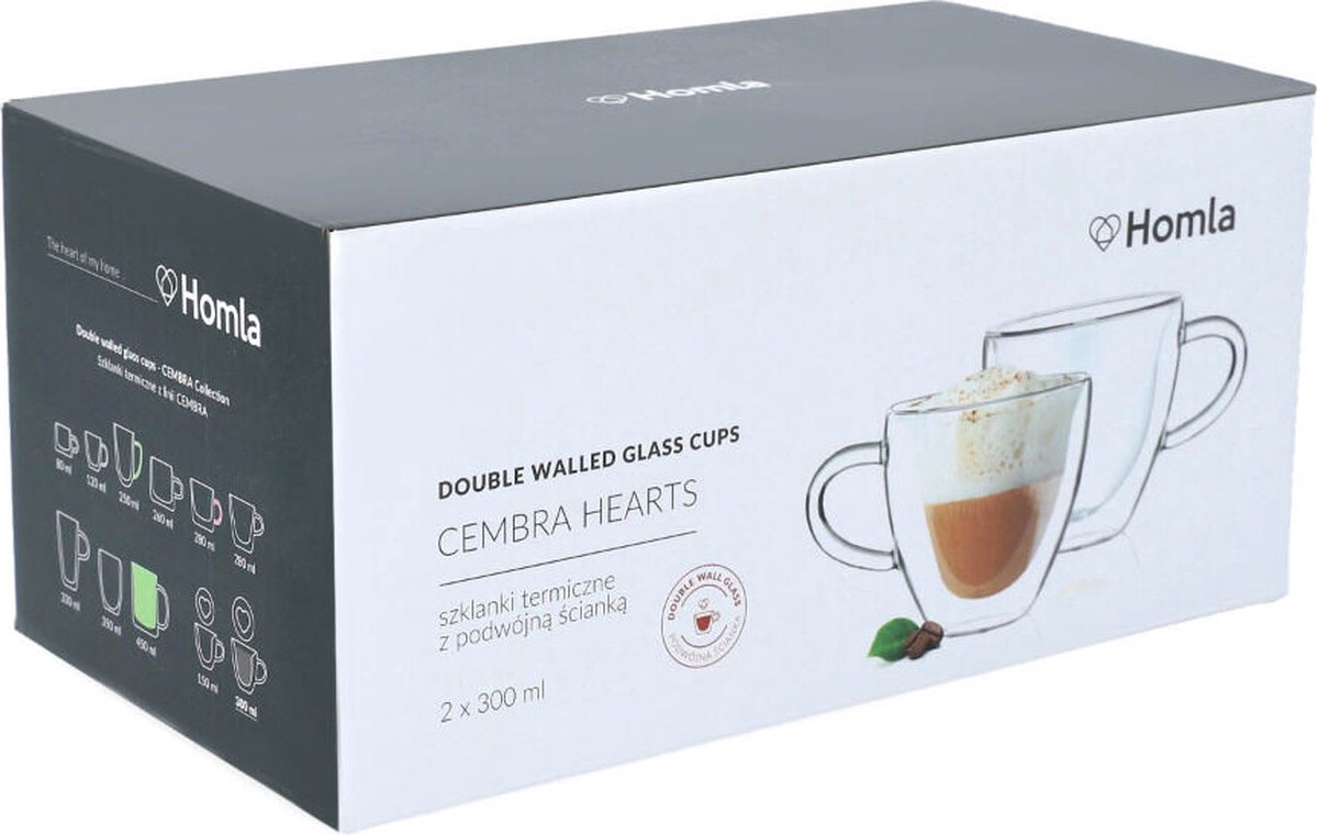 HOMLA Cembra dubbelwandig hartvormig glas - set van 2 mokken - voor koffie thee latte macchiato cappuccino - vaatwasmachinebestendig hoogte 9 cm hoog 0,3 l inhoud