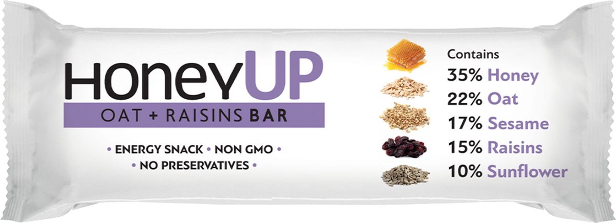 Goedkoopste HoneyUp Energy Snack met Tarwe en Rozijnen 4 stuks 40gr | Powerbar Sport 22,4gr koolhydraten