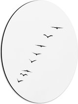 WallClassics - Dibond Ovaal - Schuine Lijn van Zwarrte Vogels op Witte Achtergrond - 30x40 cm Foto op Ovaal (Met Ophangsysteem)