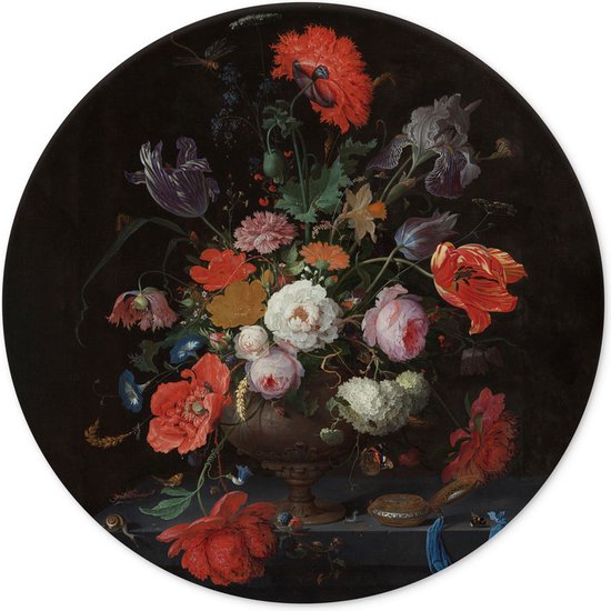 Wandcirkel Stilleven met bloemen en een horloge van Abraham Mignon 45 cm - rond schilderij - muurcirkel