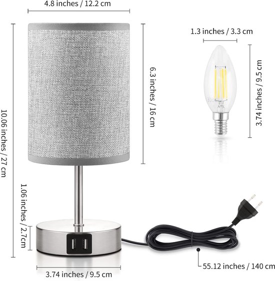 Lampe de Table USB, Multifonctionnelle avec 2 Prises Secteur, 3