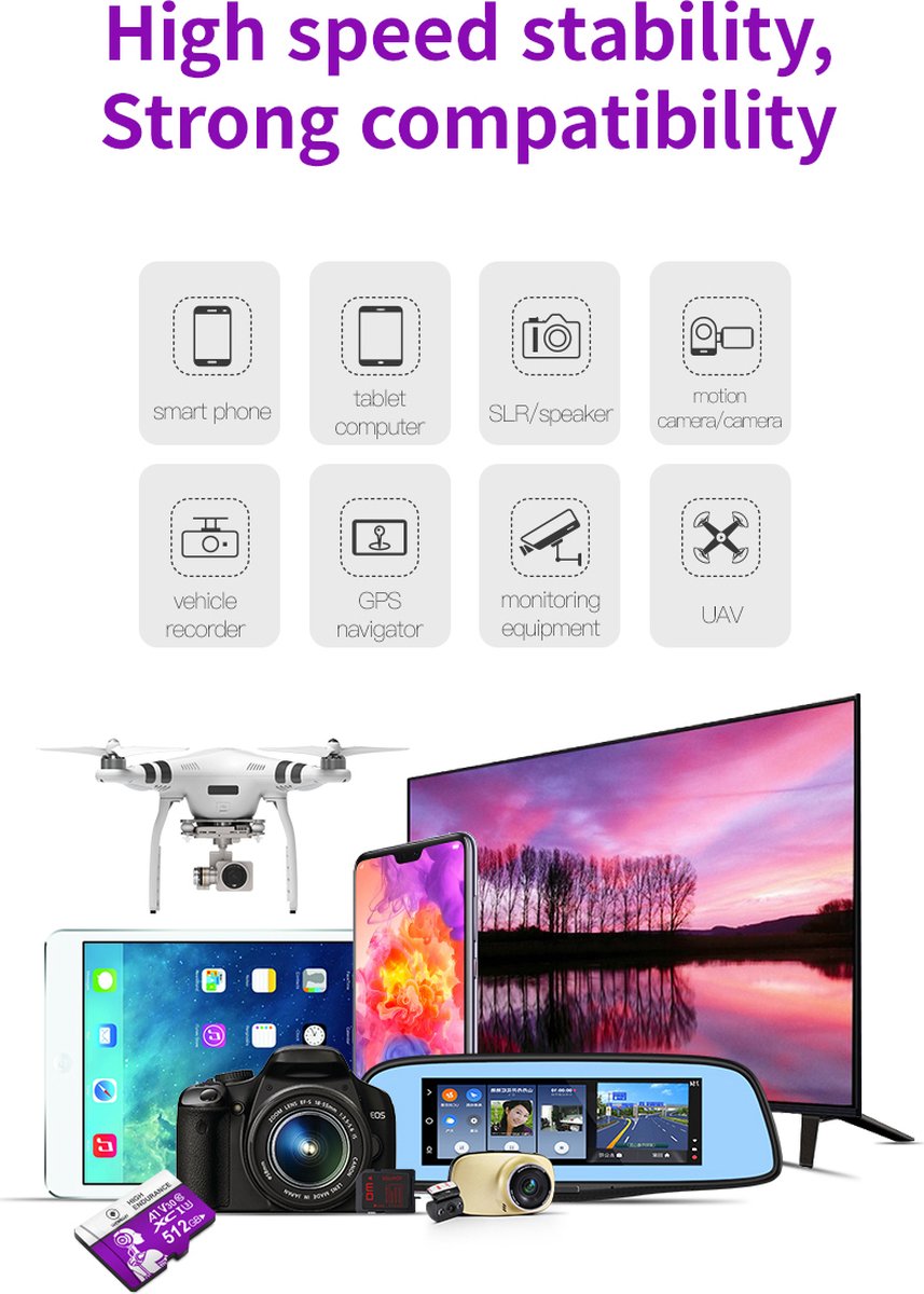 LUXWALLET® XC U3 - 512 GB Micro SD Kaart - TF Klasse 10 - High Endurance - Snelle Gegevensoverdracht - Paars thumbnail 4