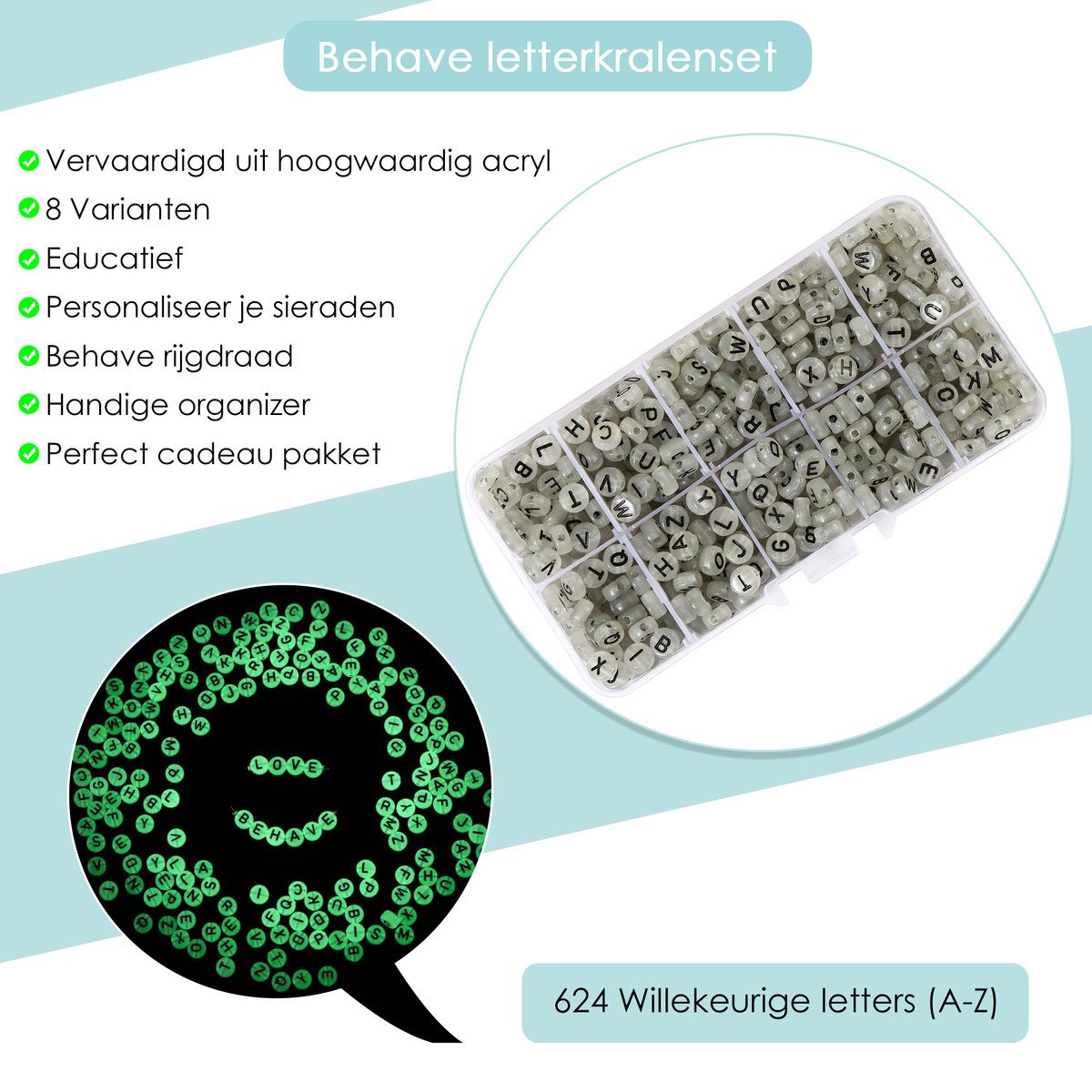 Behave Letterkralen Set - Glow in the Dark - Acryl - Kralen - Alfabet Kralen - Bedels - 7mm - 624 Stuks — afbeelding 2