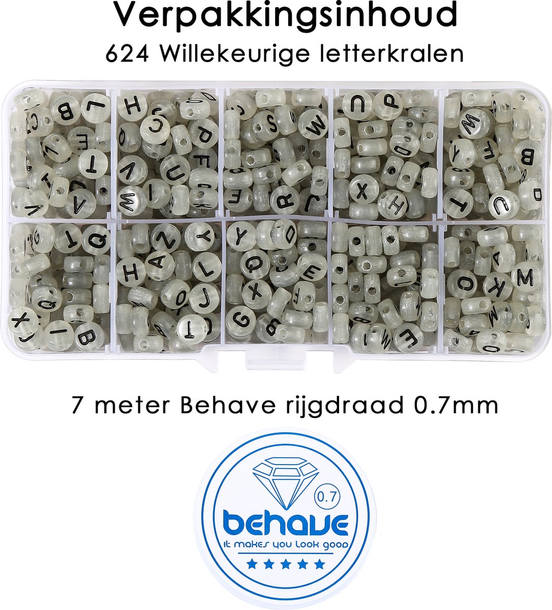Behave Letterkralen Set - Glow in the Dark - Acryl - Kralen - Alfabet Kralen - Bedels - 7mm - 624 Stuks — afbeelding 6