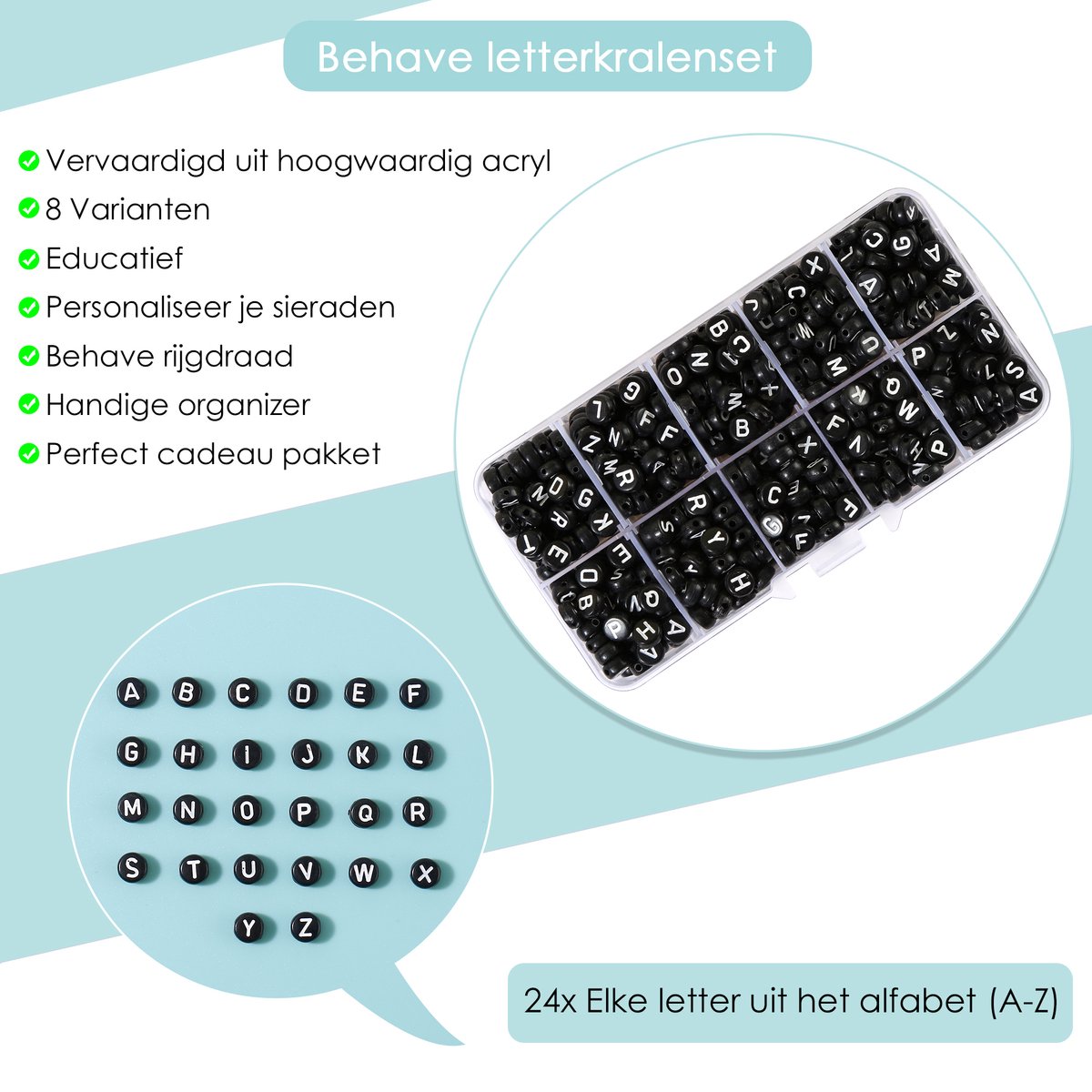 Behave Letterkralen Set - Zwart met Witte Letters - Acryl - Kralen - Alfabet Kralen - Bedels - 7mm - 624 Stuks — afbeelding 2