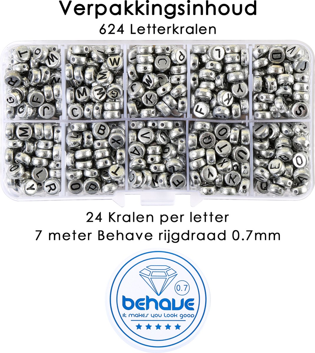 Behave Letterkralen Set - Zilver met Zwarte Letters - Acryl - Kralen - Alfabet Kralen - 7mm - 624 Stuks — afbeelding 7