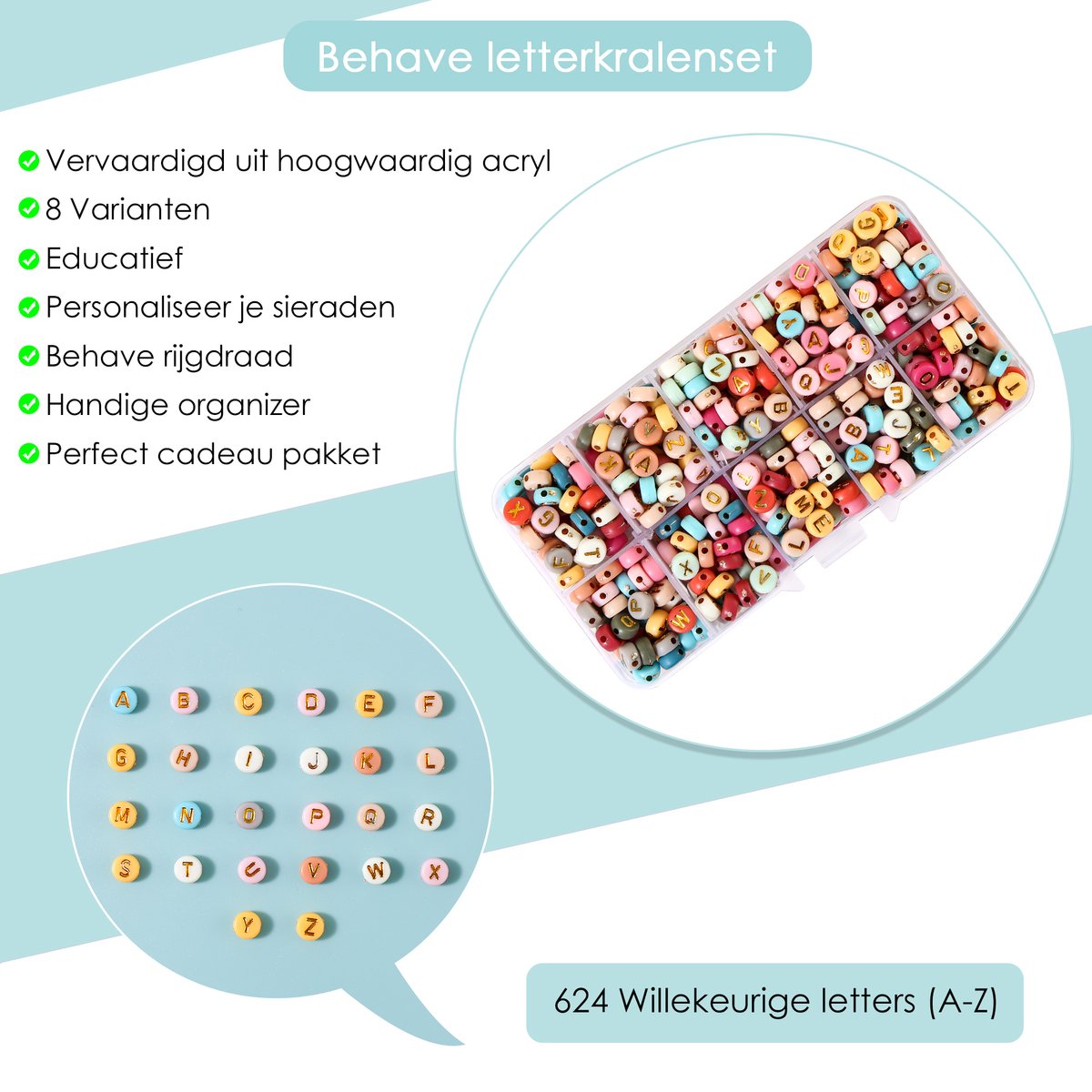 Behave Letterkralen Set - Multi Kleur met Gouden Letters - Acryl - Kralen - Alfabet Kralen - Bedels - 7mm - 624 Stuks — afbeelding 2