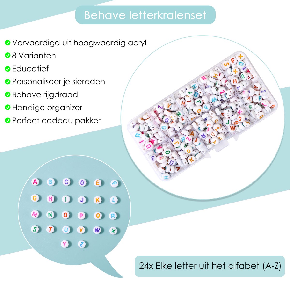 Behave Letterkralen Set - Wit met Multi Kleur Letters - Acryl - Kralen - Alfabet Kralen - Bedels - 7mm - 624 Stuks — afbeelding 2