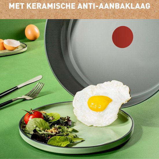 Poêle grise avec Thermo-Spot rouge. Un œuf au plat avec salade et tomate sur une assiette vert clair.