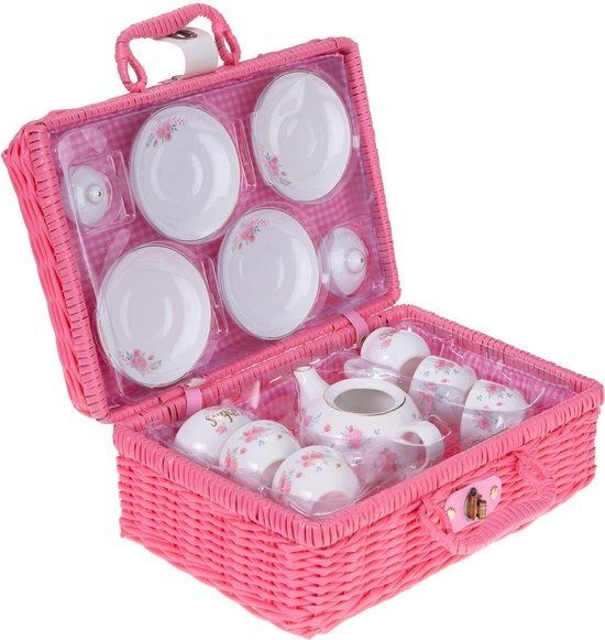 Porseleinen theeset voor kleine meisjes met roze picknickmandje