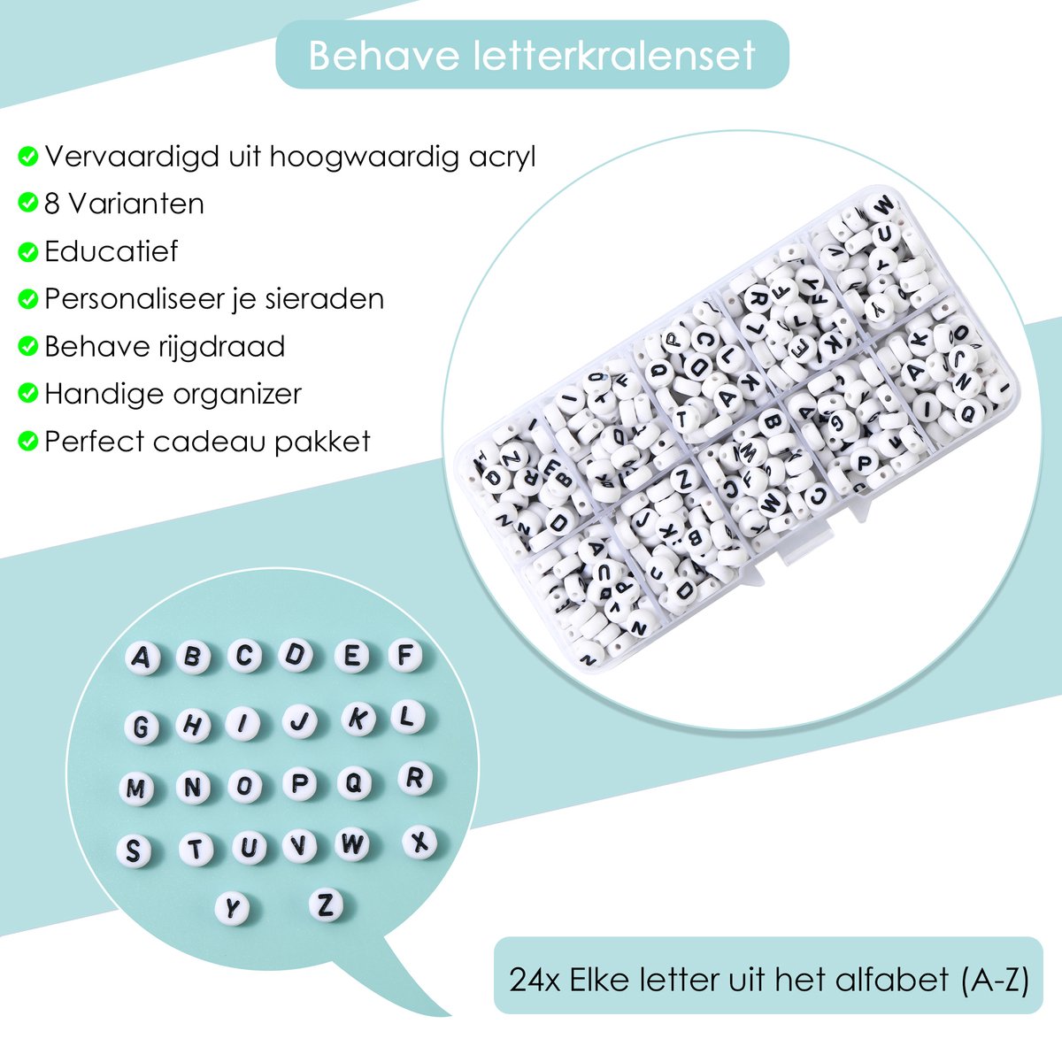 Behave Letterkralen Set - Wit met Zwarte Letters - Acryl - Kralen - Alfabet Kralen - 7mm - 624 Stuks — afbeelding 3