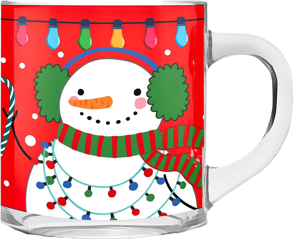 Kerst mok - glas - 300 ml - met sneeuwpop - 11 cm - kerstbekers