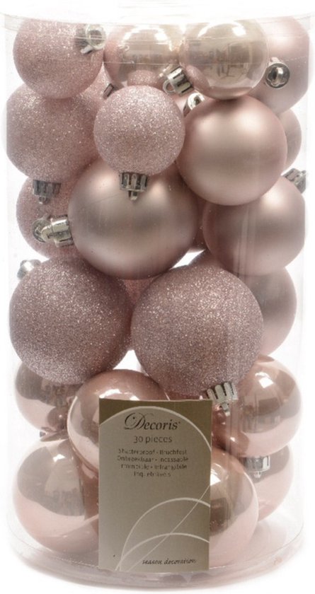 KSD Kerstballen - 30 stuks - onbreekbaar - glans-mat-glitter - poederroze