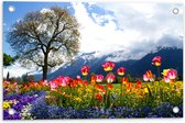 WallClassics - Tuinposter – Felgekleurde Bloemen in het Veld met Berg en Boom - 60x40 cm Foto op Tuinposter  (wanddecoratie voor buiten en binnen)