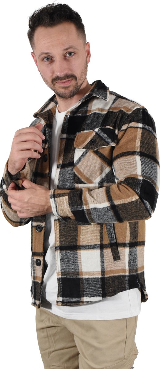 FRILIVIN - Overshirt Heren - Geblokt - Bruin Beige Zwart - Lange Mouwen Flanele Jacket - Geruit - Flannel Jasje Volwassenen - Maat XL