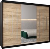 InspireMe - Armoire avec 3 portes coulissantes, Style moderne, Une armoire avec des étagères et un miroir (LxHxP): 250x200x62 - MALTESE I 250 Zwart Mat + Chêne Sonoma avec 4 tiroirs