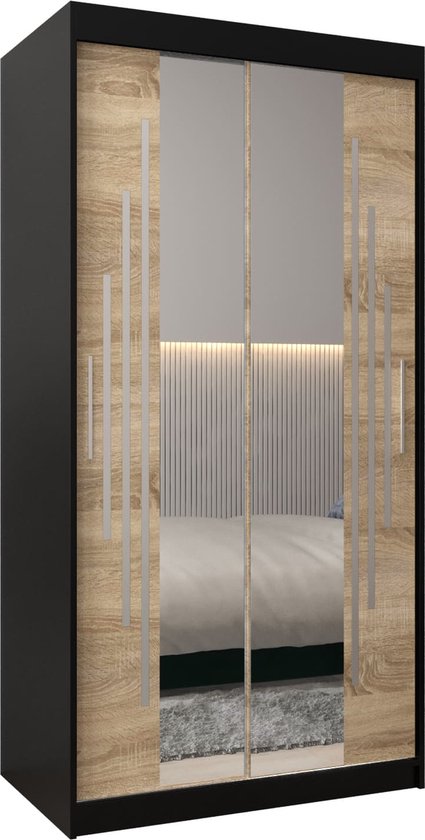 Zwarte kledingkast met 2 spiegeldeuren en houtlook accenten. De deuren zijn versierd met verticale, reflecterende lijnen.