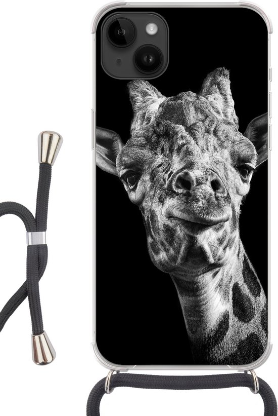 Convient pour Apple Iphone 14 Plus - Étui bandoulière - Girafe - Animal - Zwart - Wit - Siliconen - Bandoulière - Coque arrière avec cordon - Étui téléphone avec cordon - Étui avec corde