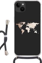 Geschikt voorApple Iphone 14 Plus - Crossbody Case - Wereldkaart - Leer - Zwart - Siliconen - Crossbody - Backcover met Koord - Telefoonhoesje met koord - Hoesje met touw