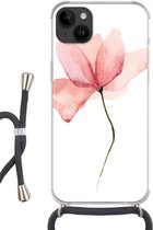 Geschikt voorApple Iphone 14 Plus - Crossbody Case - Bloemen - Waterverf - Roze - Siliconen - Crossbody - Backcover met Koord - Telefoonhoesje met koord - Hoesje met touw