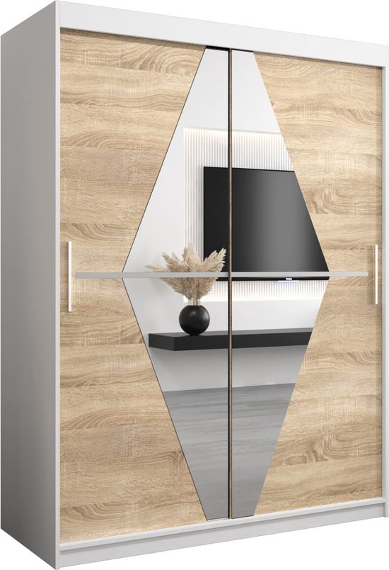 InspireMe - Kledingkast met 2 schuifdeuren, Modern-stijl, Een kledingkast met planken en een spiegel (BxHxD): 150x200x62 - BOLA 150 Wit Mat + Sonoma Eik met 2 lades