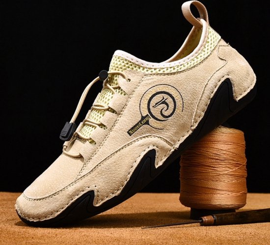 Lente en zomer heren casual ademende erwten schoenen lederen varkensleer luie sneakers, maat: 47 (beige)