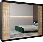 InspireMe - Kledingkast met 3 schuifdeuren, Modern-stijl, Een kledingkast met planken en een spiegel (BxHxD): 250x200x62 - MALTESE II 250 Zwart Mat + Sonoma Eik met 4 lades