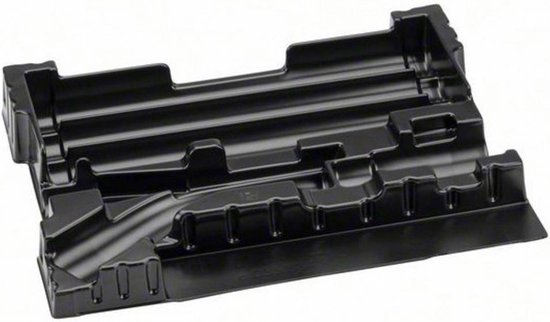 Zwarte plastic inleg met meerdere compartimenten voor gereedschap.
