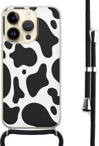 Hoesje met koord - Geschikt voor iPhone 14 Pro - Koeienprint - Verstelbaar zwart koord - Zwart, Transparant, Wit - Print / Illustratie - Leuke Telefoonhoesjes