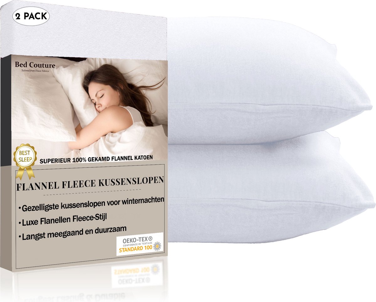 Bed Couture Flanel Fleece Kussenslopen - 100% Katoen Extra zacht en Warm - Set van 2 - 80x80 Cm - Wit