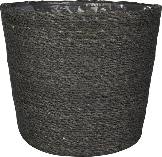 Set de 4 cache-pots/pots de fleurs en jute/jonc de mer diamètre 22 cm et hauteur 19 cm gris - Avec intérieur en plastique