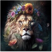 Graphic Message - Schilderij op Canvas - Portret van een Leeuw met Kleurrijke Bloemen - Dierenkunst