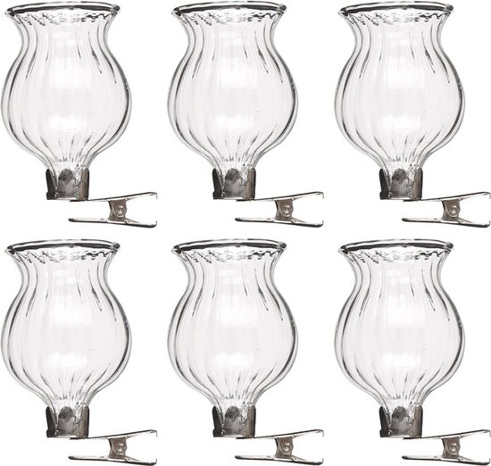 6x Vaasjes transparant glas met clip 6 x 4 cm - Vaas met bevestigingsclip - woondecoratie / woonaccessoires
