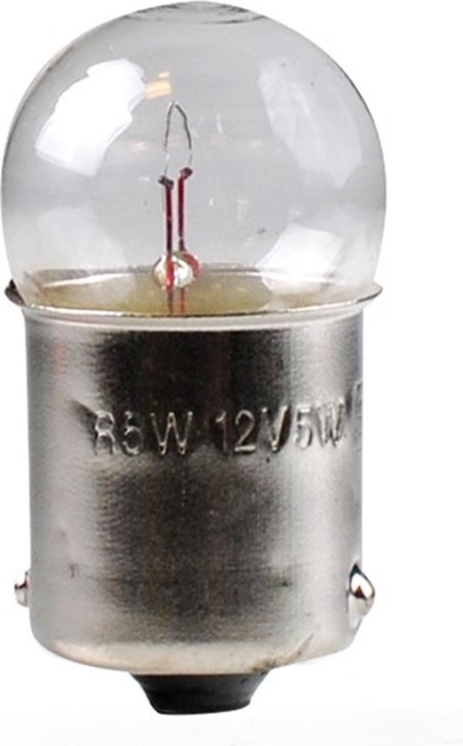 Klassiek zilverkleurig auto lampje met helder glazen kapje. Tekst: "R5W 12V 5W".