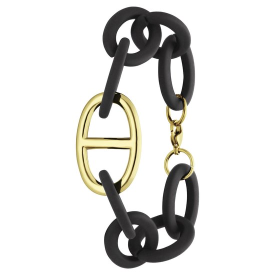 Lucardi Dames Zwarte armband met stalen goldplated hanger - Armband - Staal - Goudkleurig - 20 cm