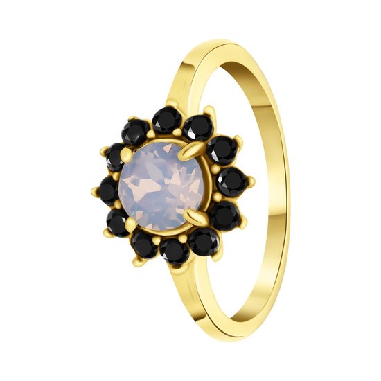 Lucardi Dames Stalen goldplated vintage ring met bloem zwart en roze - Ring - Staal - Goudkleurig - 19 / 60 mm