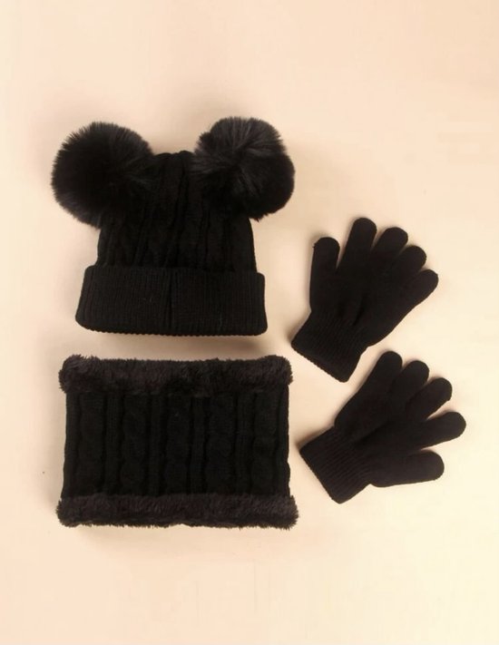 Bezem handleiding antiek Wintermuts, sjaal en handschoenen - muts met twee pompoms - kleur zwart - 2-5  jaar... | bol.com